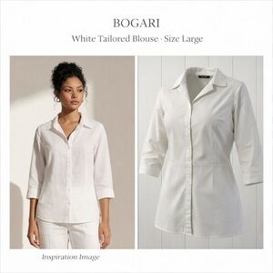 Bogari White Tailored Blouse Size Large Italy Button Front 3/4 Sleeve Top